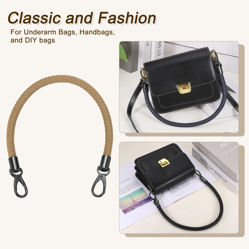 2Pcs 50cm Short Leather PU Braided Purse Replacement Handle - Dark Khaki, Black