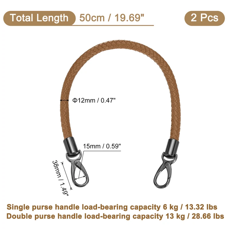 2Pcs 50cm Short Leather PU Braided Purse Replacement Handle - Coffee, Black