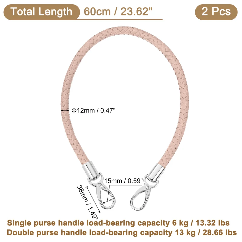 2Pcs 60cm Short Leather PU Braided Purse Replacement (Light Pink, Silver)