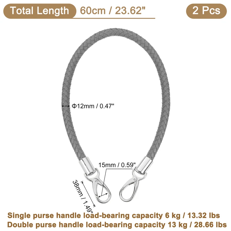 2Pcs 60cm Short Leather PU Braided Purse Replacement Dark Gray Silver