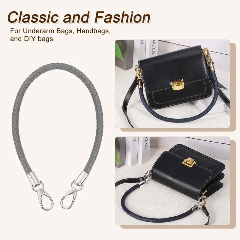 2Pcs 60cm Short Leather PU Braided Purse Replacement Dark Gray Silver