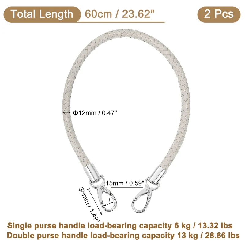 2Pcs 60cm Short Leather PU Braided Purse Replacement (Light Gray, Silver)