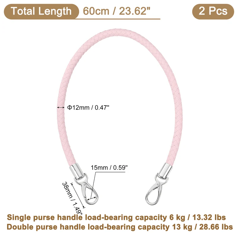 2Pcs 60cm Short Leather PU Braided Purse Replacement (Pink, Silver)