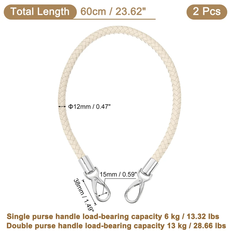 2Pcs 60cm Short Leather PU Braided Purse Replacement (Beige, Silver)