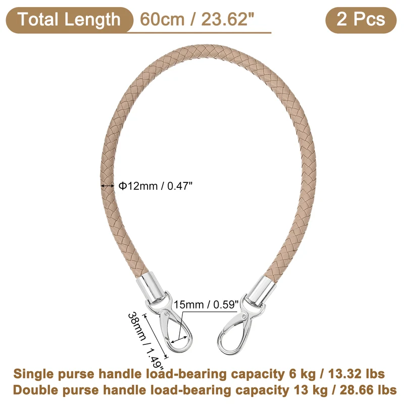 2Pcs 60cm Short Leather PU Braided Purse Replacement (Grey Brown, Silver)