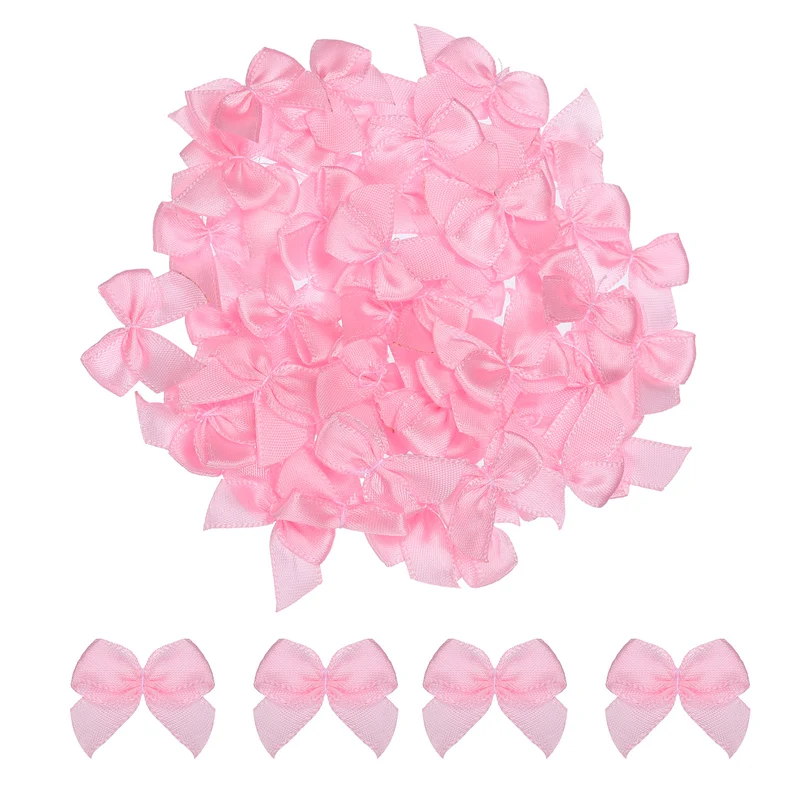 100Pcs Mini Ribbon Bows 1" Mini Fabric Satin Ribbon Flower Bows Pink