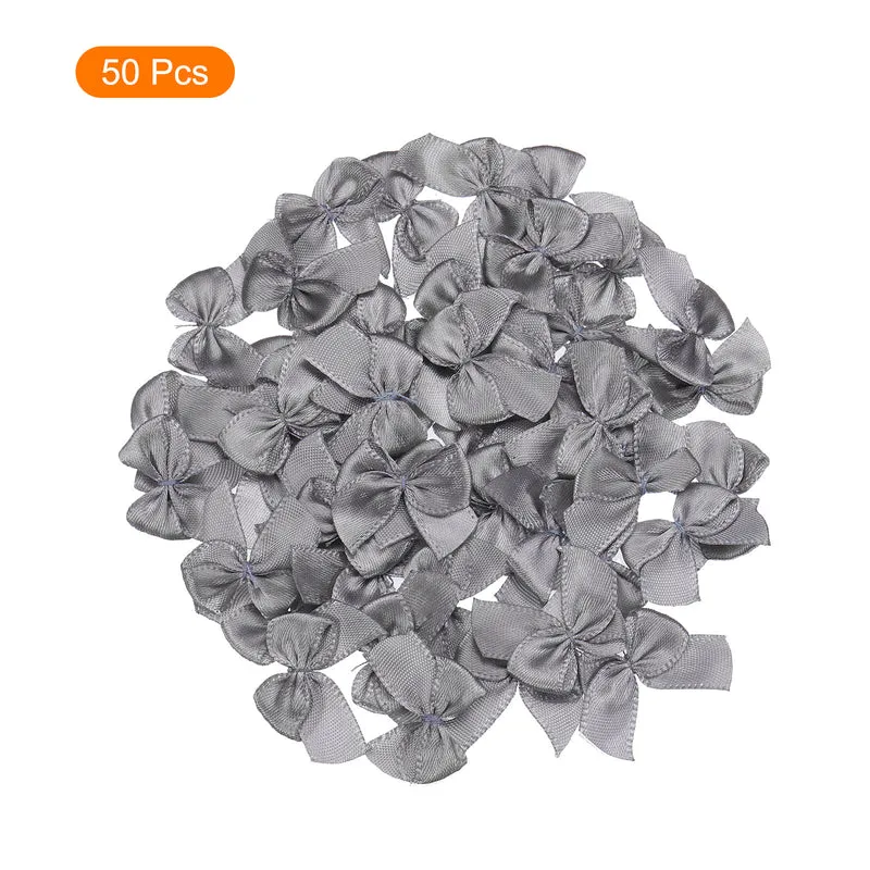 50Pcs Mini Ribbon Bow 1" Mini Fabric Satin Ribbon Flower Bows for Craft DIY Sewing Wedding Birthday Party Grey