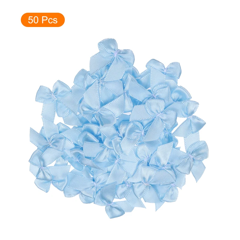 50Pcs Mini Ribbon Bow 1" Mini Fabric Satin Ribbon Flower Bows for Craft DIY Sewing Wedding Birthday Party Blue