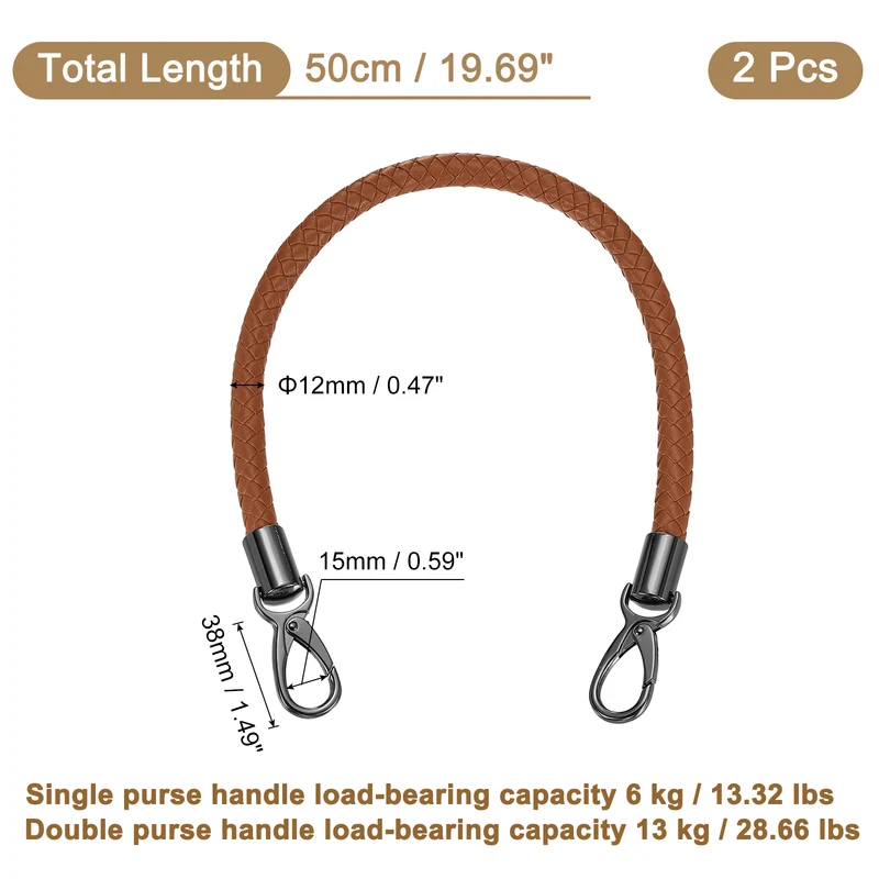 2Pcs 50cm Short Leather PU Braided Purse Replacement Handle - Brown, Black
