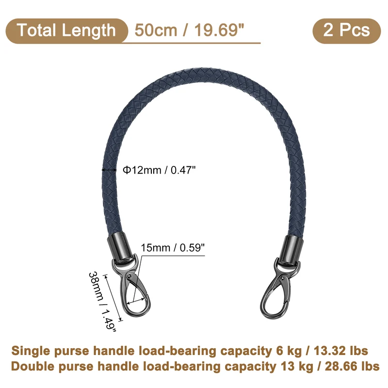 2Pcs 50cm Short Leather PU Braided Purse Replacement Handle - Dark Blue, Black