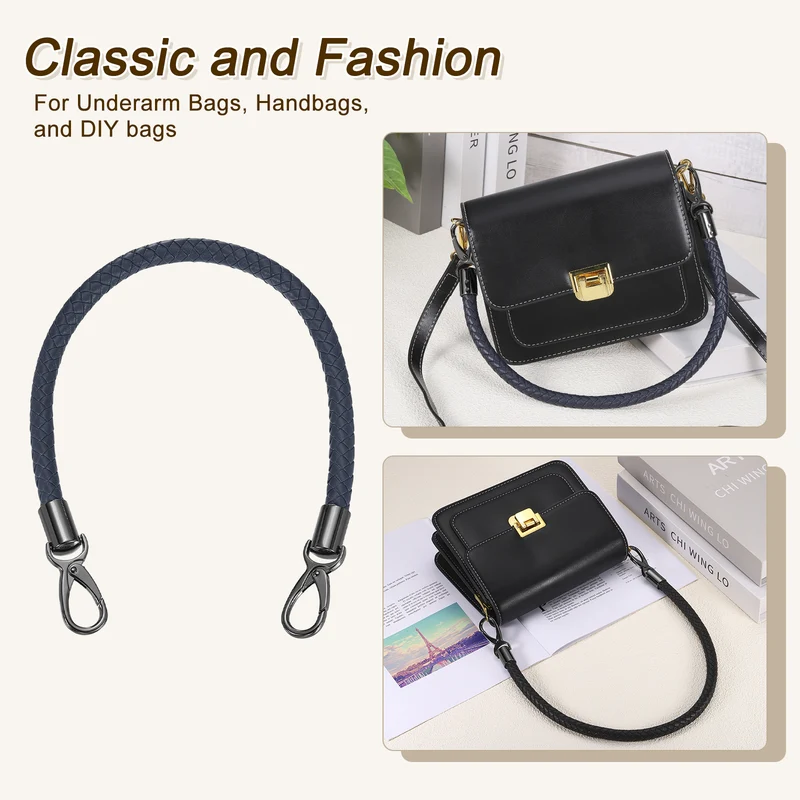 2Pcs 50cm Short Leather PU Braided Purse Replacement Handle - Dark Blue, Black