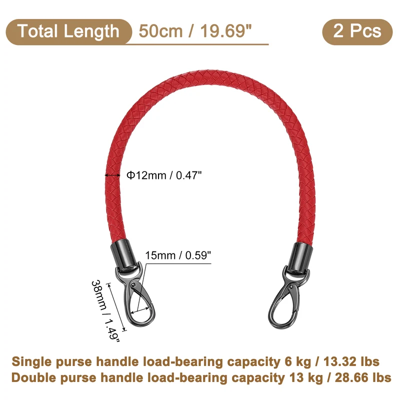 2Pcs 50cm Short Leather PU Braided Purse Replacement Handle - Red, Black