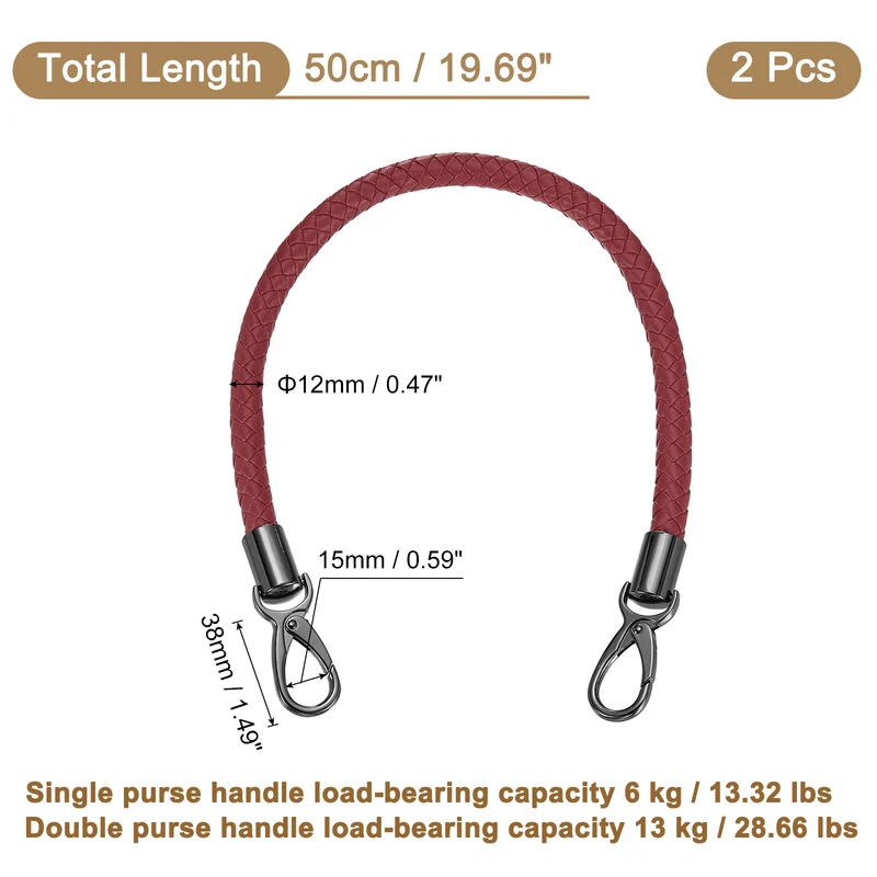 2Pcs 50cm Short Leather PU Braided Purse Replacement Handle - Dark Red, Black