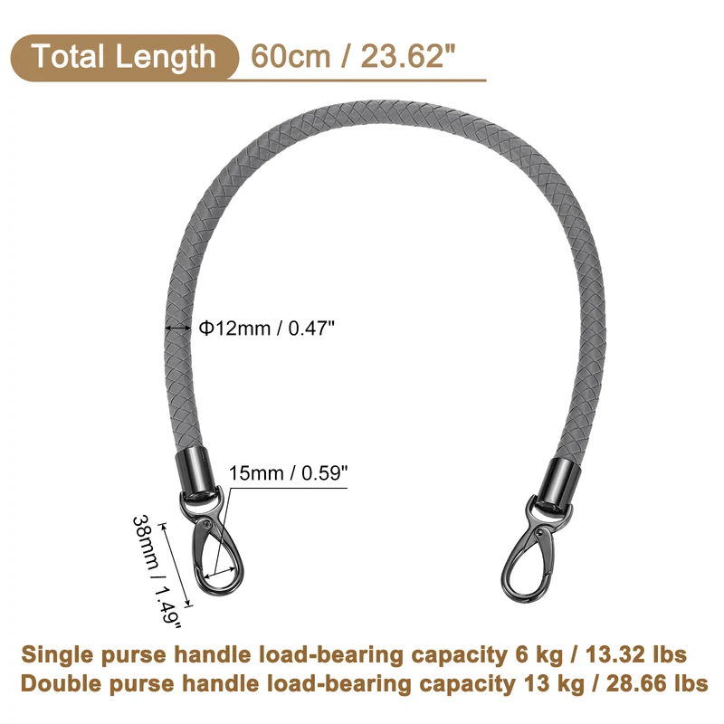 60cm Short Leather PU Braided Purse Replacement Handle - Dark Gray Black