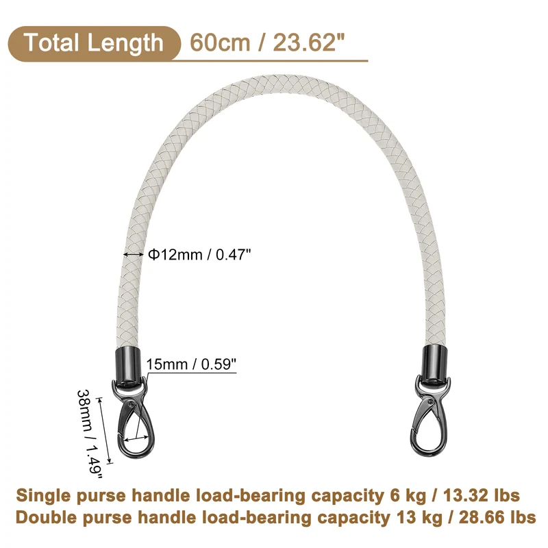60cm Short Leather PU Braided Purse Replacement Handle - Light Gray, Black