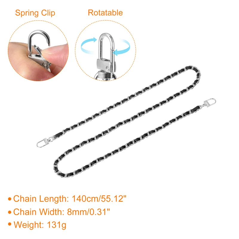 39" Purse Chain Strap with Buckles for Shoulder and Cross Body (Black + Silver)