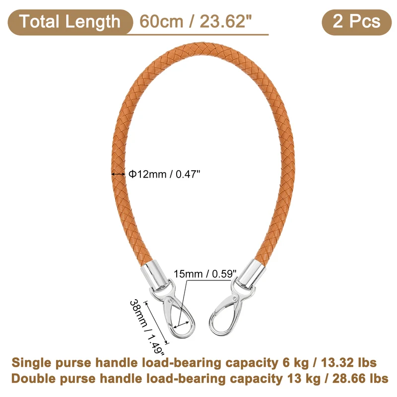 2Pcs 60cm Short Leather PU Braided Purse Replacement (Yellow Brown, Silver)