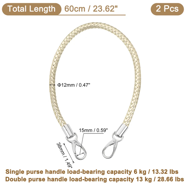 2Pcs 60cm Short Leather PU Braided Purse Replacement (Light Gold, Silver)