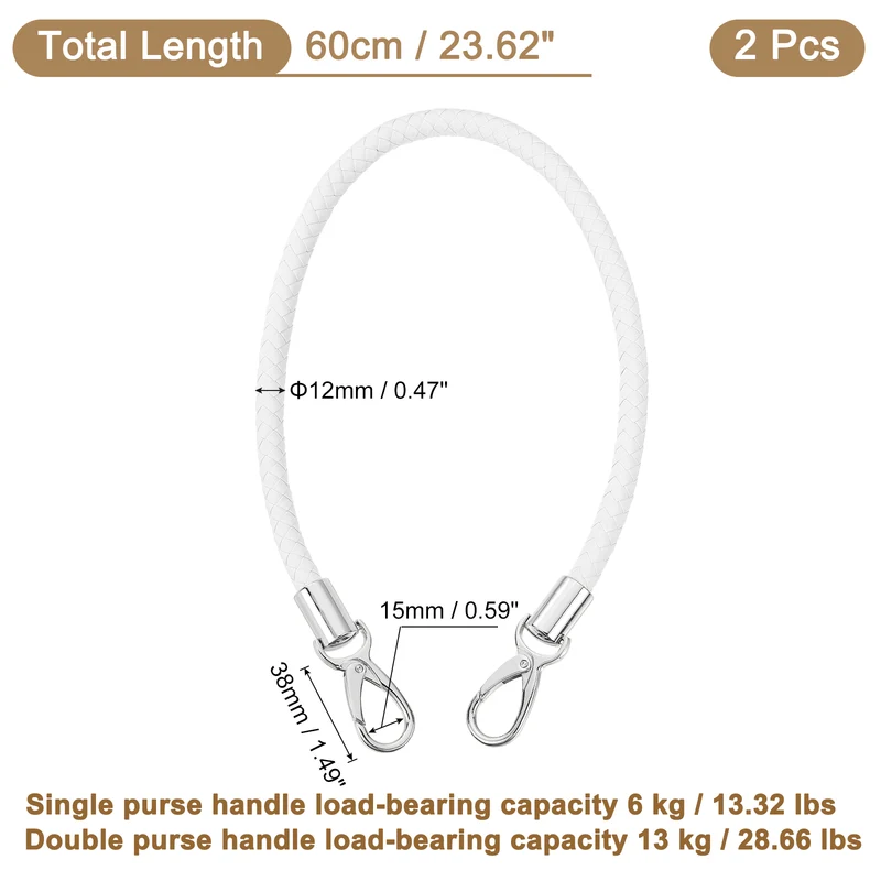 2Pcs 60cm Short Leather PU Braided Purse Replacement (White, Silver)