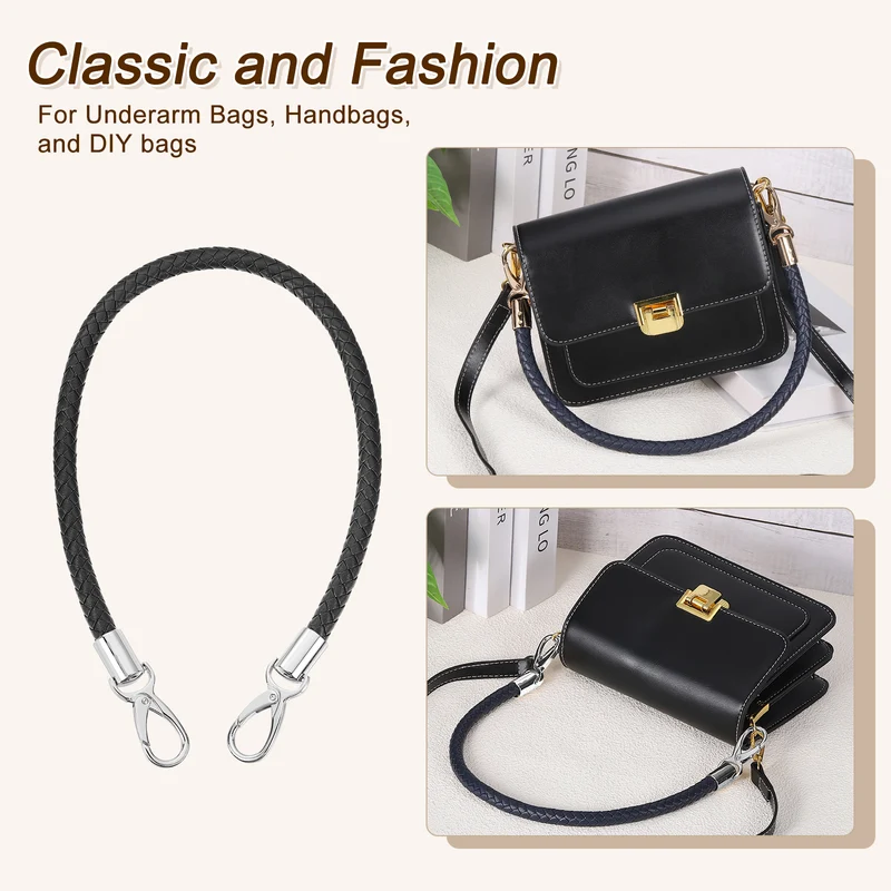 2Pcs 60cm Short Leather PU Braided Purse Replacement Black Silver