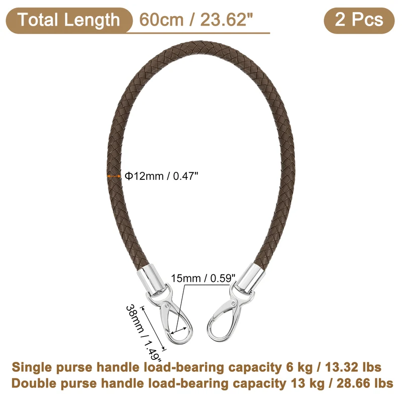 2Pcs 60cm Short Leather PU Braided Purse Replacement Dark Coffee Silver