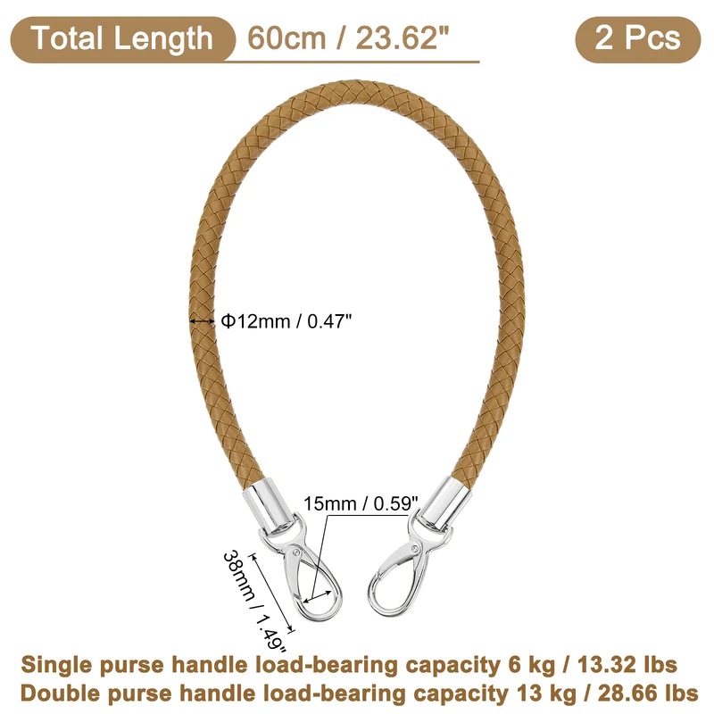 2Pcs 60cm Short Leather PU Braided Purse Replacement (Dark Khaki, Silver)