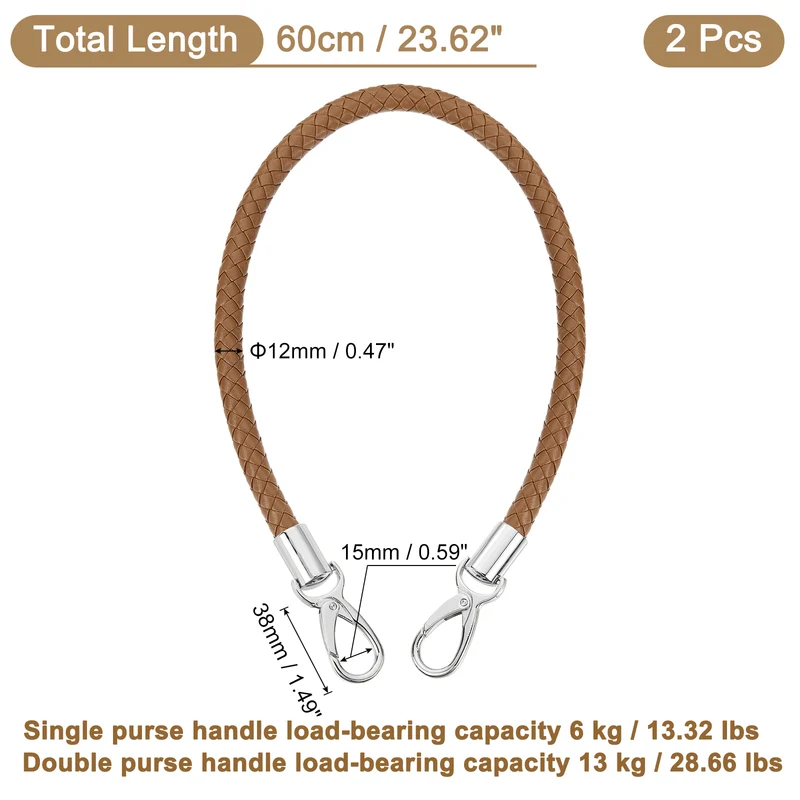 2Pcs 60cm Short Leather PU Braided Purse Replacement Coffee Silver