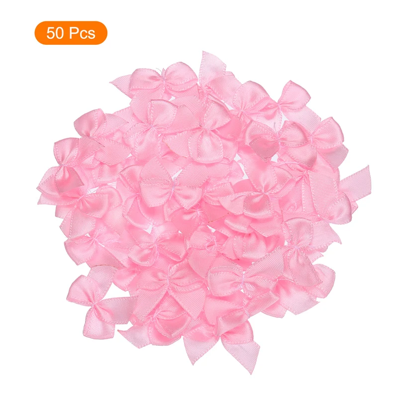 50Pcs Mini Ribbon Bow 1" Mini Fabric Satin Ribbon Flower Bows for Craft DIY Sewing Wedding Birthday Party Pink