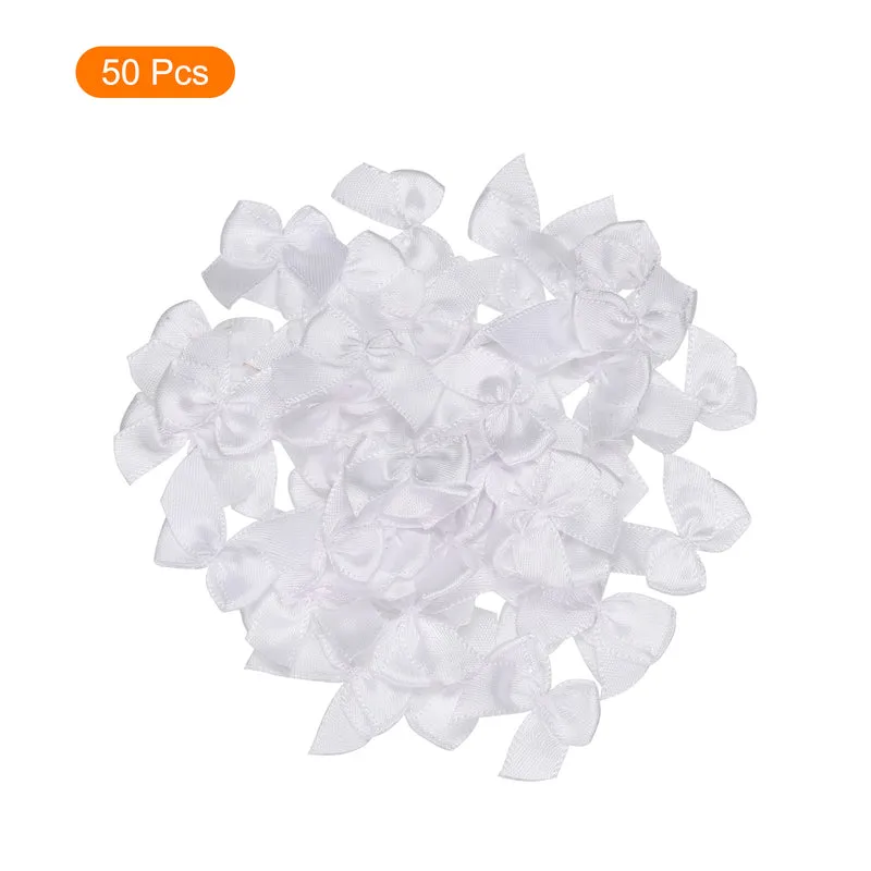 50Pcs Mini Ribbon Bow 1" Mini Fabric Satin Ribbon Flower Bows for Craft DIY Sewing Wedding Birthday Party White