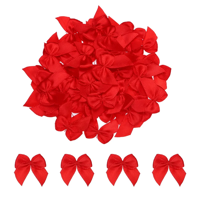 50Pcs Mini Ribbon Bow 1" Mini Fabric Satin Ribbon Flower Bows for Craft DIY Sewing Wedding Birthday Party Red