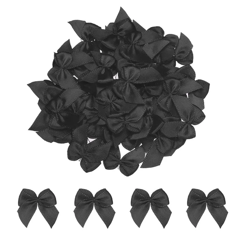 50Pcs Mini Ribbon Bow 1" Mini Fabric Satin Ribbon Flower Bows for Craft DIY Sewing Wedding Birthday Party Black