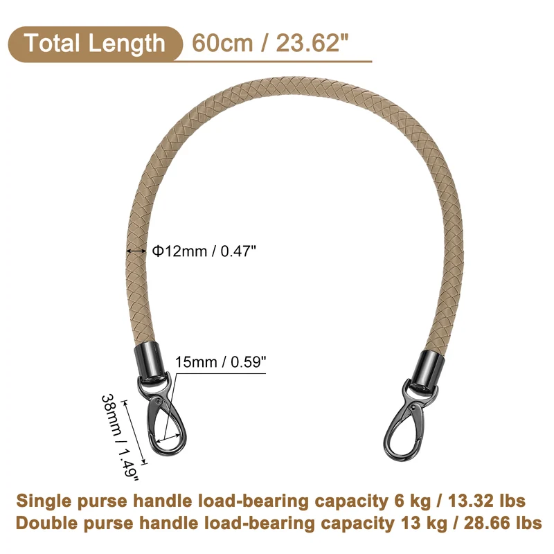 60cm Short Leather PU Braided Purse Replacement Handle - Grey Brown, Black