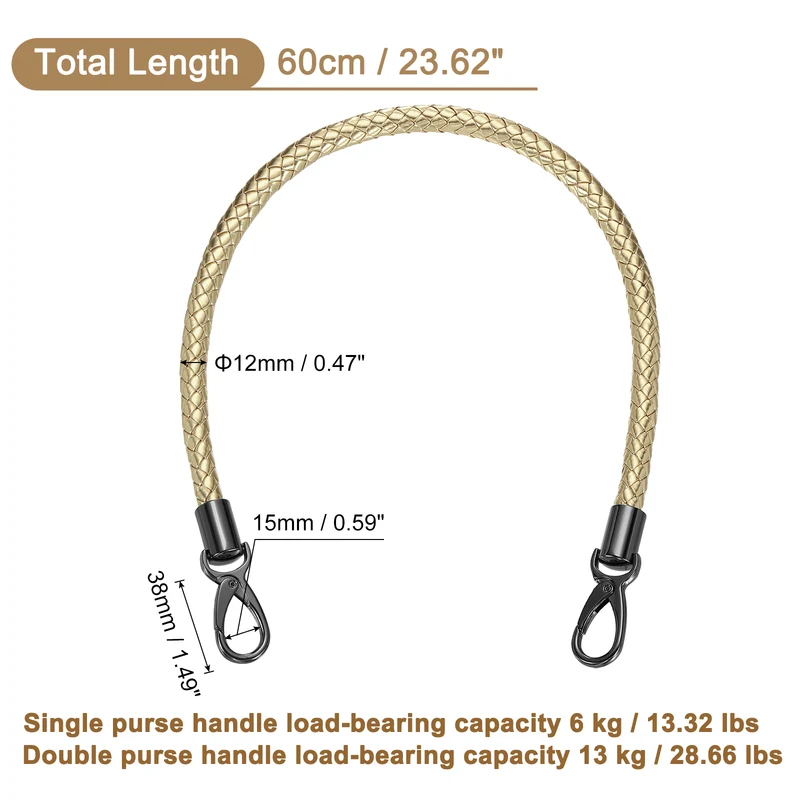 60cm Short Leather PU Braided Purse Replacement Handle - Light Gold, Black