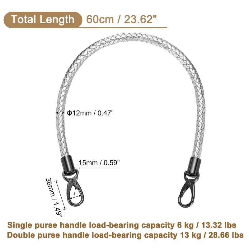 60cm Short Leather PU Braided Purse Replacement Handle - Silver, Black