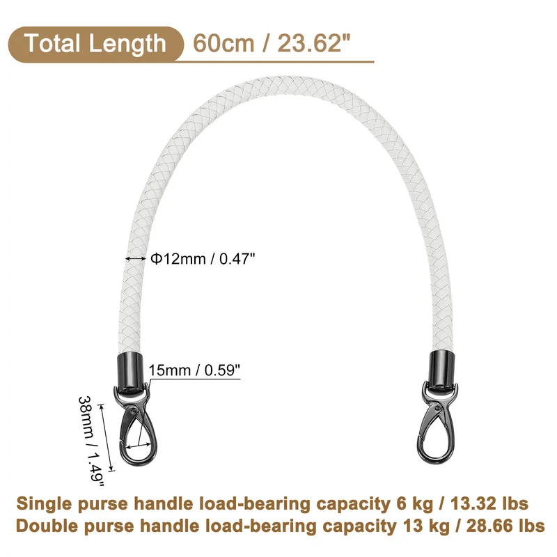 60cm Short Leather PU Braided Purse Replacement Handle - White, Black