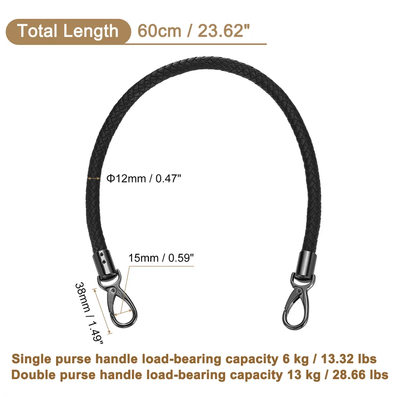 60cm Short Leather PU Braided Purse Replacement Handle Black Black