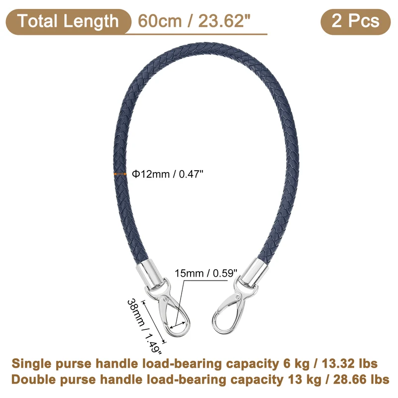 2Pcs 60cm Short Leather PU Braided Purse Replacement Dark Blue Silver