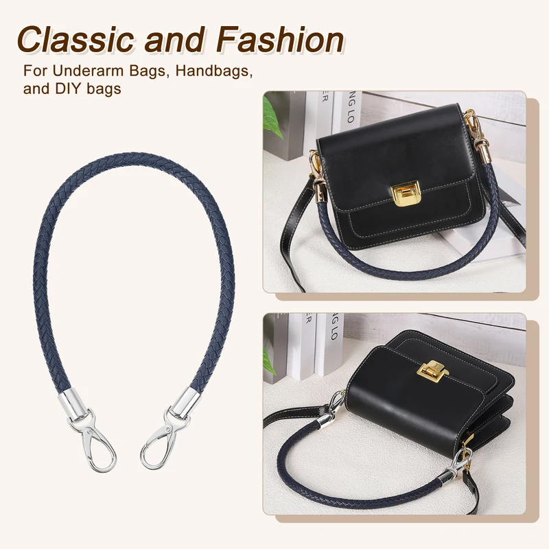 2Pcs 60cm Short Leather PU Braided Purse Replacement Dark Blue Silver