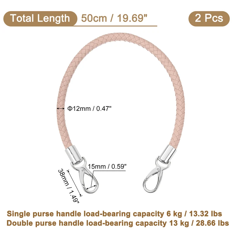 2Pcs 50cm Short Leather PU Braided Purse Replacement (Light Pink, Silver)