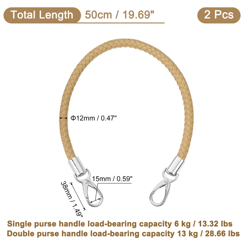 2Pcs 50cm Short Leather PU Braided Purse Replacement (Apricot, Silver)