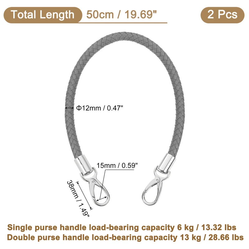 2Pcs 50cm Short Leather PU Braided Purse Replacement Dark Gray Silver