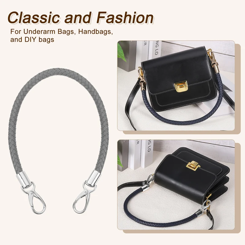 2Pcs 50cm Short Leather PU Braided Purse Replacement Dark Gray Silver