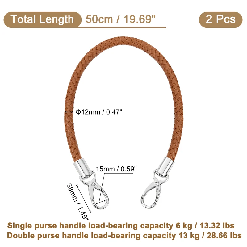 2Pcs 50cm Short Leather PU Braided Purse Replacement (Light Brown, Silver)
