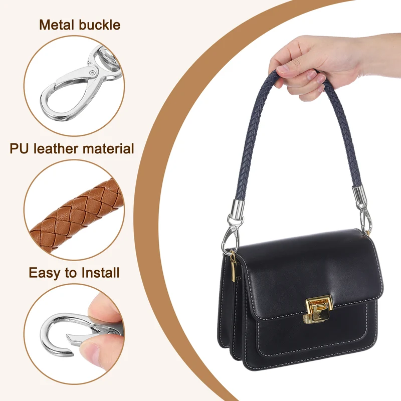 2Pcs 50cm Short Leather PU Braided Purse Replacement (Light Brown, Silver)