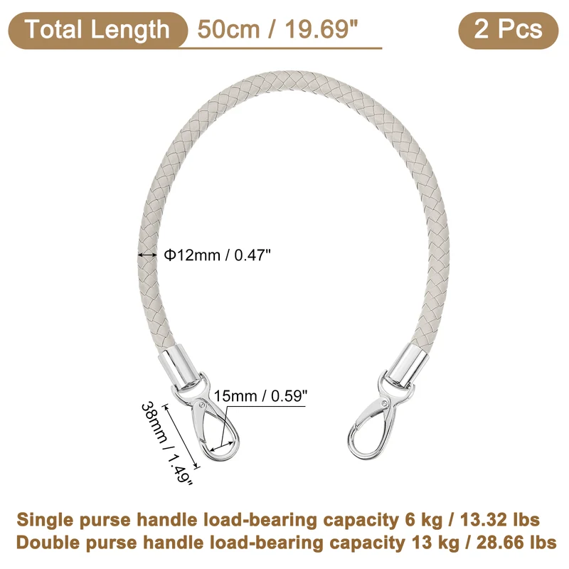 2Pcs 50cm Short Leather PU Braided Purse Replacement (Light Gray, Silver)