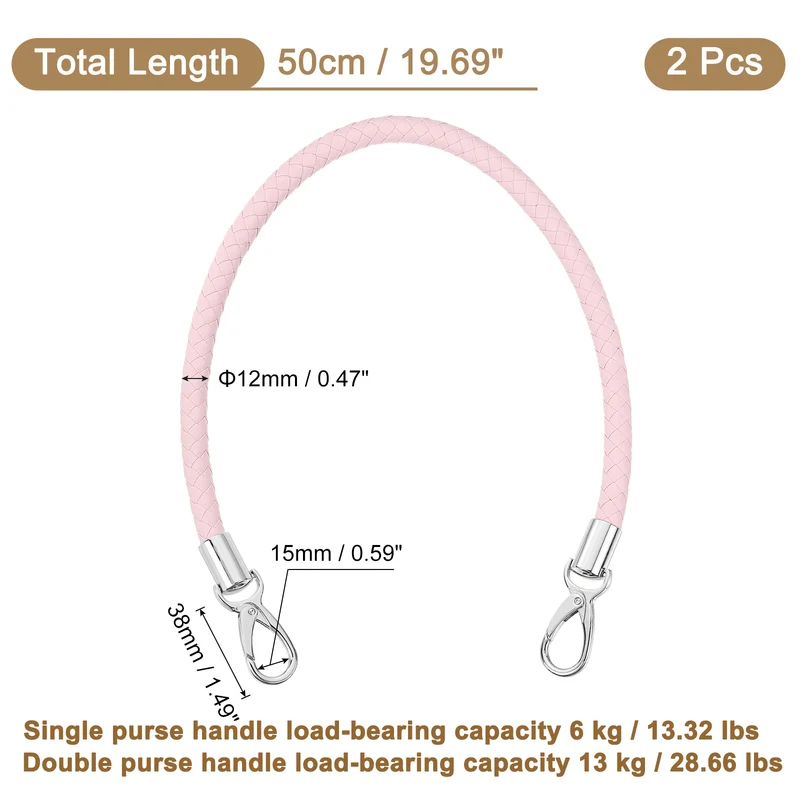 2Pcs 50cm Short Leather PU Braided Purse Replacement (Pink, Silver)