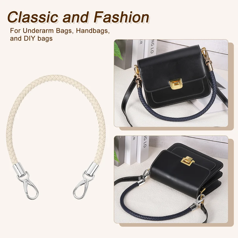 2Pcs 50cm Short Leather PU Braided Purse Replacement (Beige, Silver)