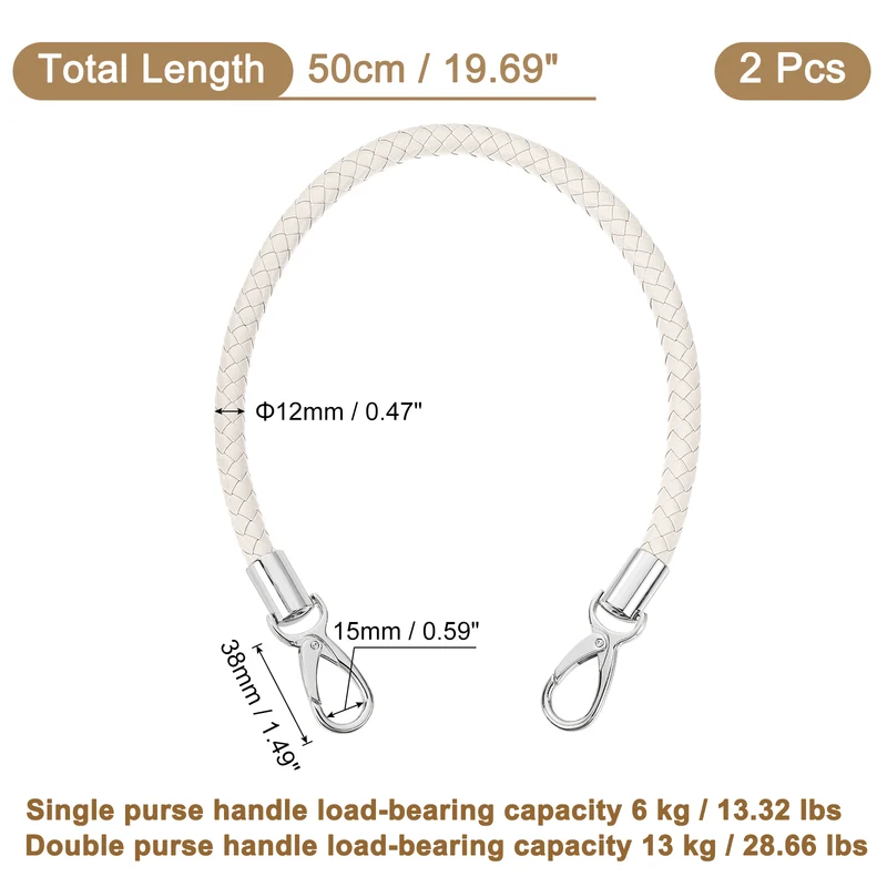 2Pcs 50cm Short Leather PU Braided Purse Replacement (Beige White, Silver)