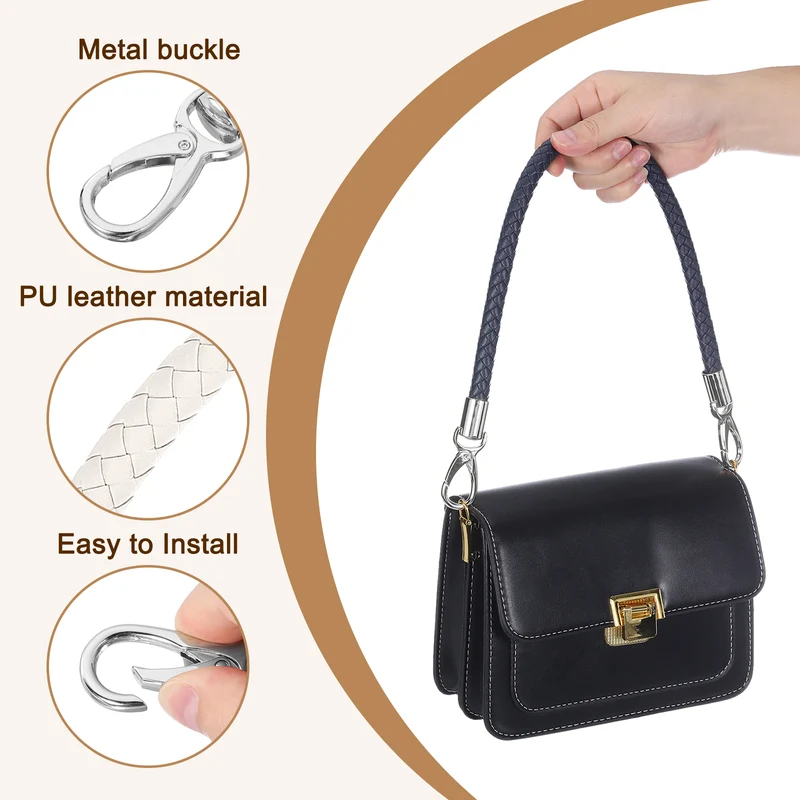 2Pcs 50cm Short Leather PU Braided Purse Replacement (Beige White, Silver)