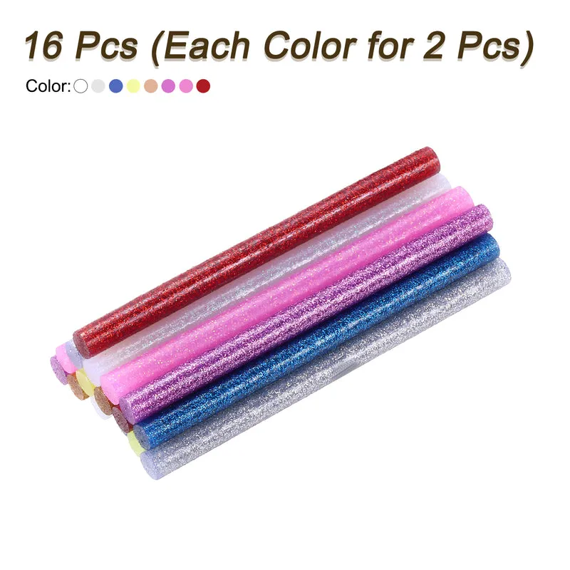 16pcs Mini Hot Glue Gun Sticks 0.28"x4" for Glue Gun, Glitter 8 Colors